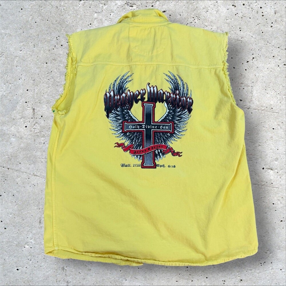 USA Biker Design Prayer Warrior Shirt Mens XL Yellow Sleeveless Cross Motorcycle - Picture 2 of 9